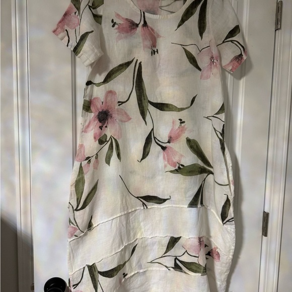 LUNGO L’ARNO ITALY Casual Pink and Green Linen Floral Midi Sundress - Picture 1 of 6